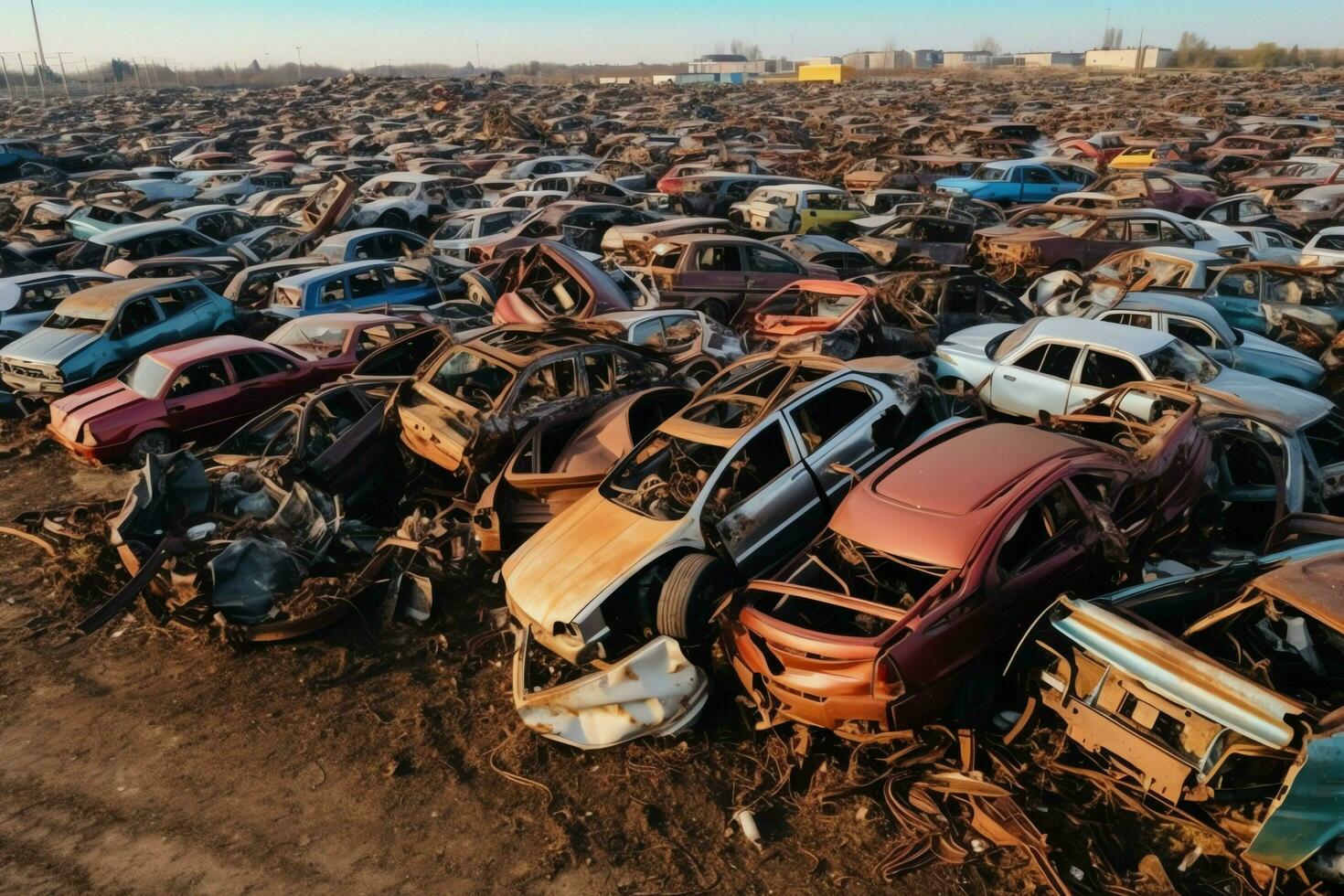 rosten alt Müll Autos mit Umgebung Verschmutzung im Schrottplatz zum Recycling. verlassen Auto Abfall Konzept durch ai generiert foto