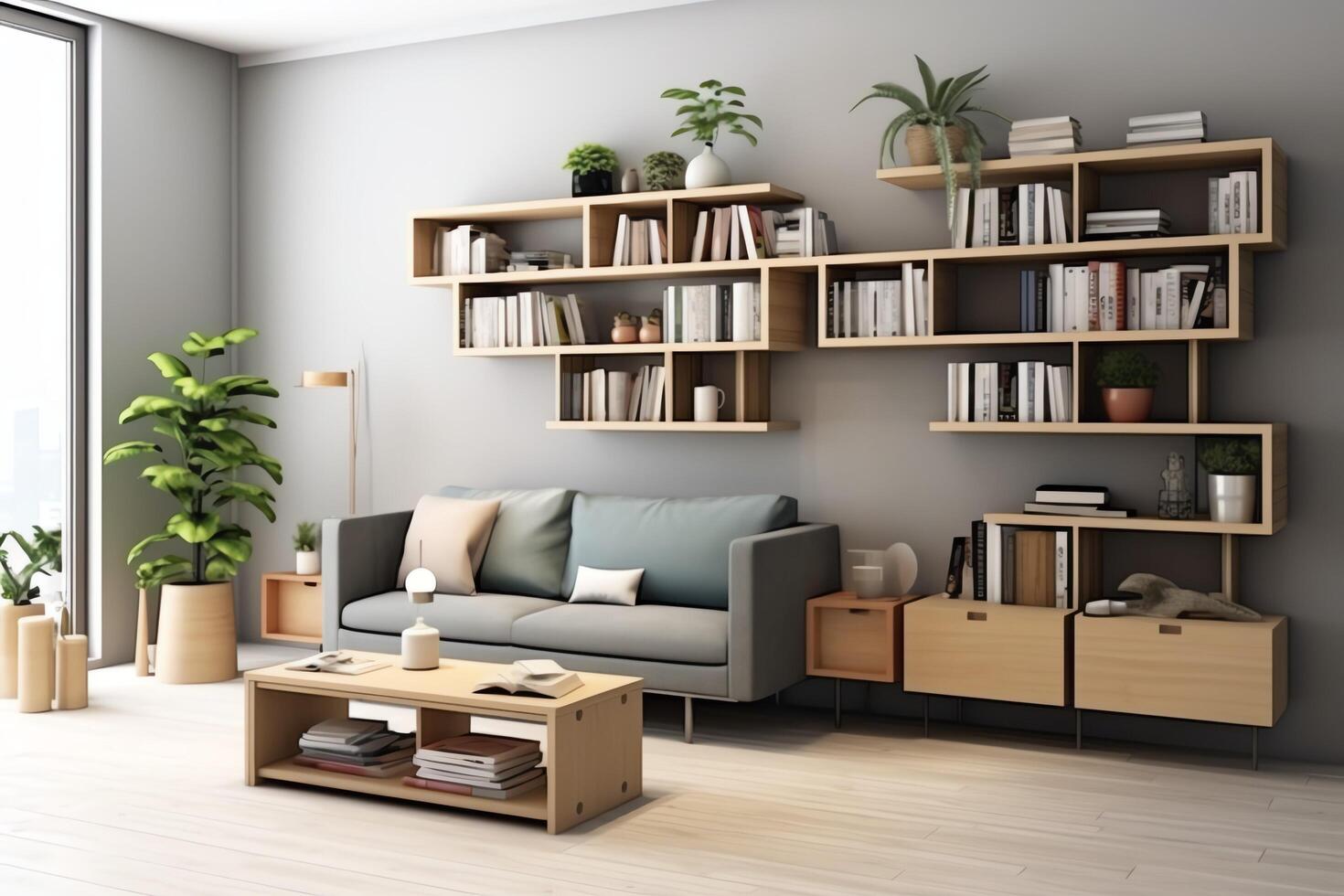 modern Wohnung Innere im Leben oder Schlafzimmer Design mit Arbeiten Tisch, Möbel, und Bücherregal. Luxus Zuhause skandinavisch Konzept durch ai generiert foto