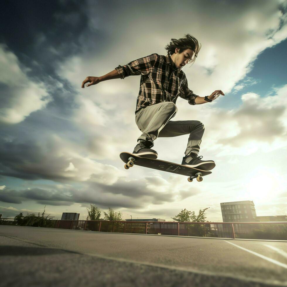 ein kaukasisch Mann tun Tricks oder Springen auf ein Skateboard beim das Straße. jung Mann mit Skater Springen Konzept durch ai generiert foto