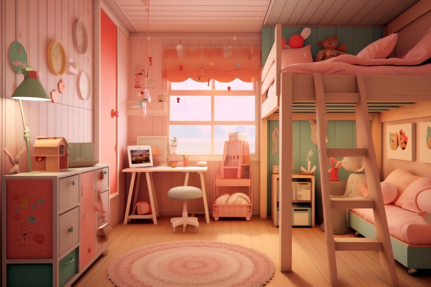 modern Kind Schlafzimmer Innere Design im Haus mit Dekoration Kinder. bunt Kinder Schlafzimmer Konzept durch ai generiert foto