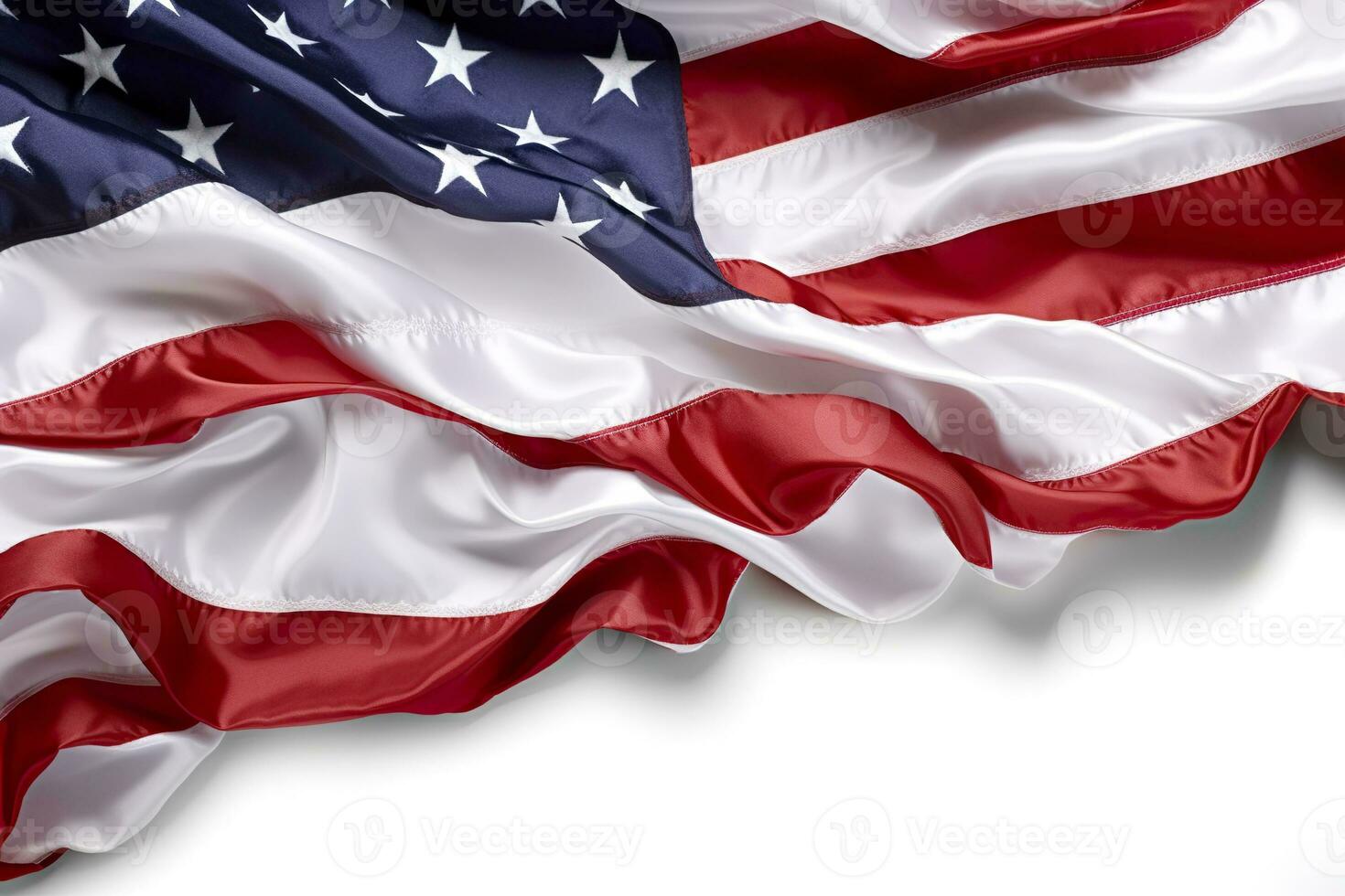 Nahansicht gekräuselt amerikanisch Flagge isoliert. solide Weiß Hintergrund. ai generativ foto
