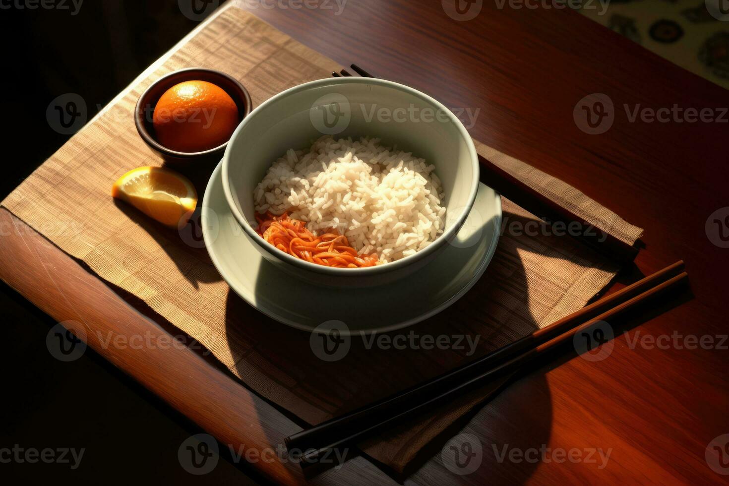 ein Mahlzeit von Reis und Eier, serviert im ein Schüssel auf ein hölzern Tabelle foto
