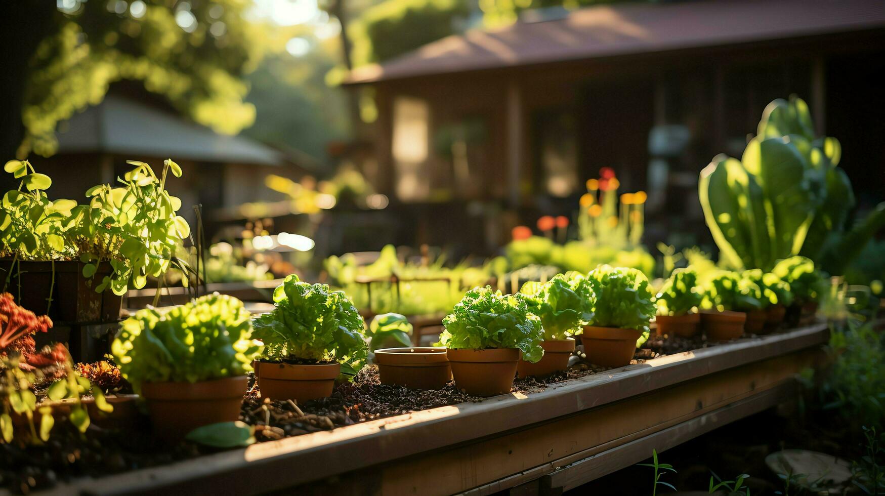 hölzern Haus im Dorf mit Pflanzen und Blumen im Hinterhof Garten. Garten und Blume auf ländlich Haus Konzept durch ai generiert foto