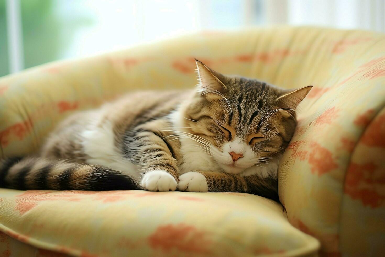 süß Katze Schlafen oder ruhen auf das Sofa beim heim. faul Katze Schlafen auf das Sofa. Katze Tag Konzept durch ai generiert foto