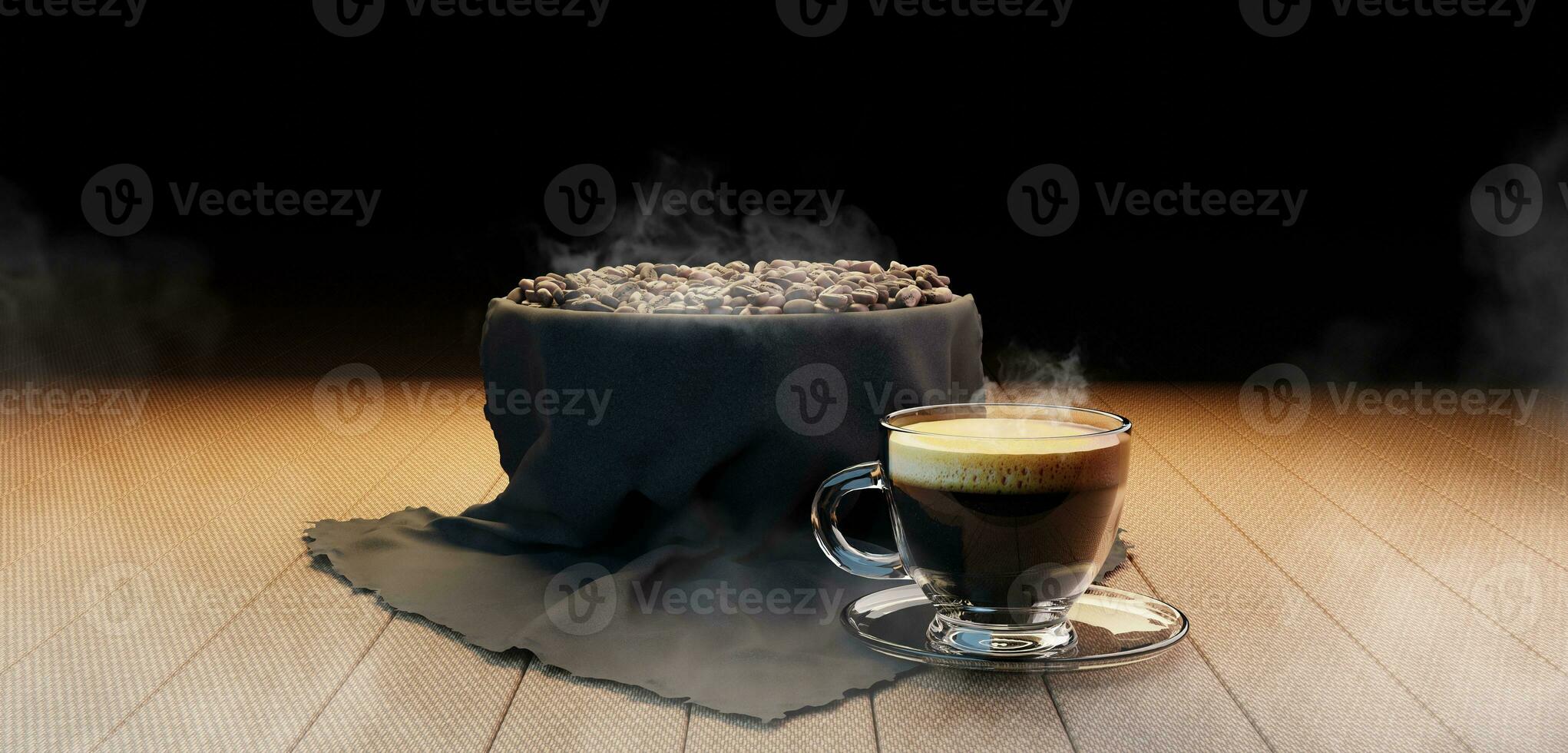 heiß Espresso frisch Kaffee auf das Tabelle geröstet Kaffee Bohnen auf hölzern Hintergrund und Kaffee Becher 3d Illustration von heiß Kaffee Bohnen foto