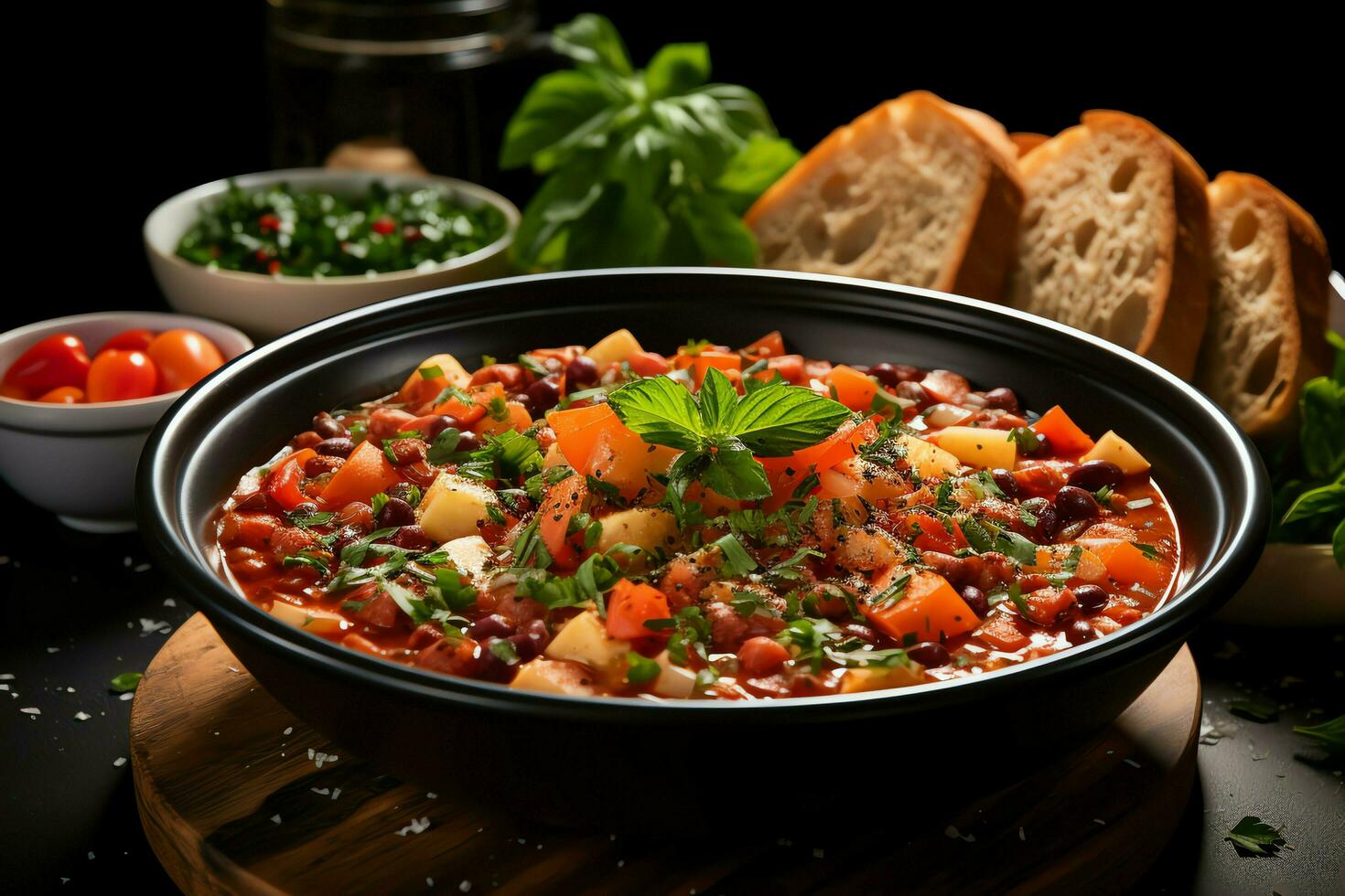 ein köstlich Minestrone Suppe Essen im ein Schüssel. Italienisch Essen und gesund Protein Suppe Mahlzeit Konzept durch ai generiert foto