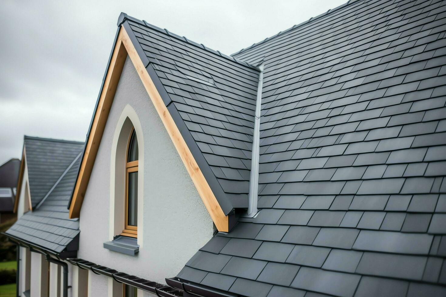 ein modern Privat Haus ist bedeckt mit Metall Fliesen Überdachung oder grau Schiefer Dach. Jahrgang gebogen Rahmen Konzept durch ai generiert foto