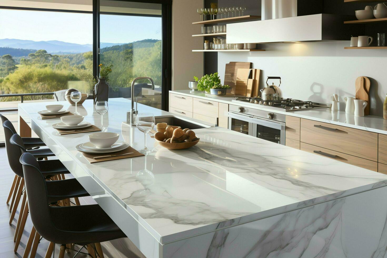 modern Küche Innere Design im Wohnung oder Haus mit Möbel. Luxus Küche Zuhause skandinavisch Konzept durch ai generiert foto