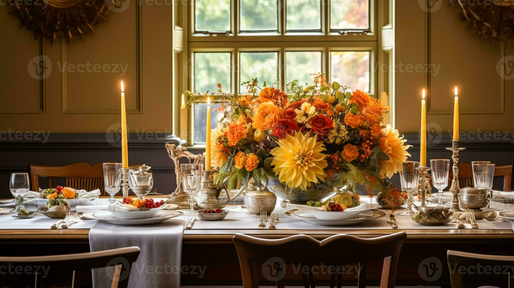 Essen Zimmer Dekor, Innere Design und Herbst Urlaub Feier, elegant herbstlich Tabelle Dekoration mit Kerzen und Blumen, Zuhause Dekor und Land Hütte Stil foto