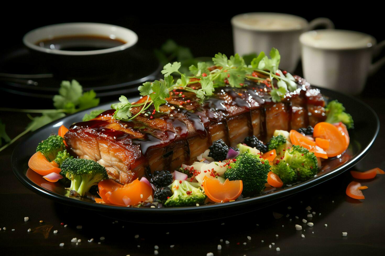 ein köstlich knusprig Schweinefleisch Bauch schick auf Platte. Restaurant Essen und asiatisch Küche Konzept durch ai generiert foto
