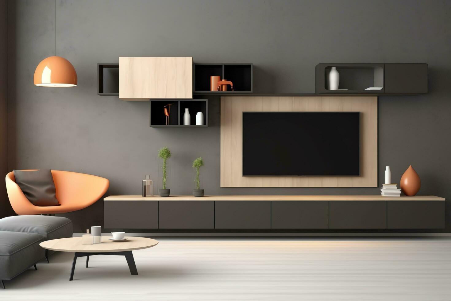 modern Wohnung Innere im Leben oder Schlafzimmer Design mit Arbeiten Tisch, Möbel, und Bücherregal. Luxus Zuhause skandinavisch Konzept durch ai generiert foto