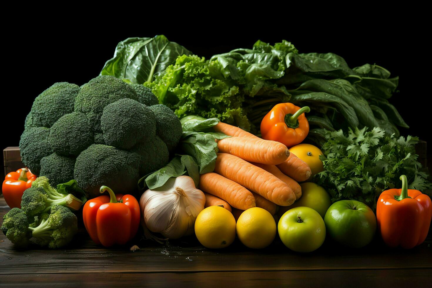 Sammlung mischen frisch Gemüse und Früchte zum ein Salat. gesund Diät Konzept und Gemüse Essen durch ai generiert foto