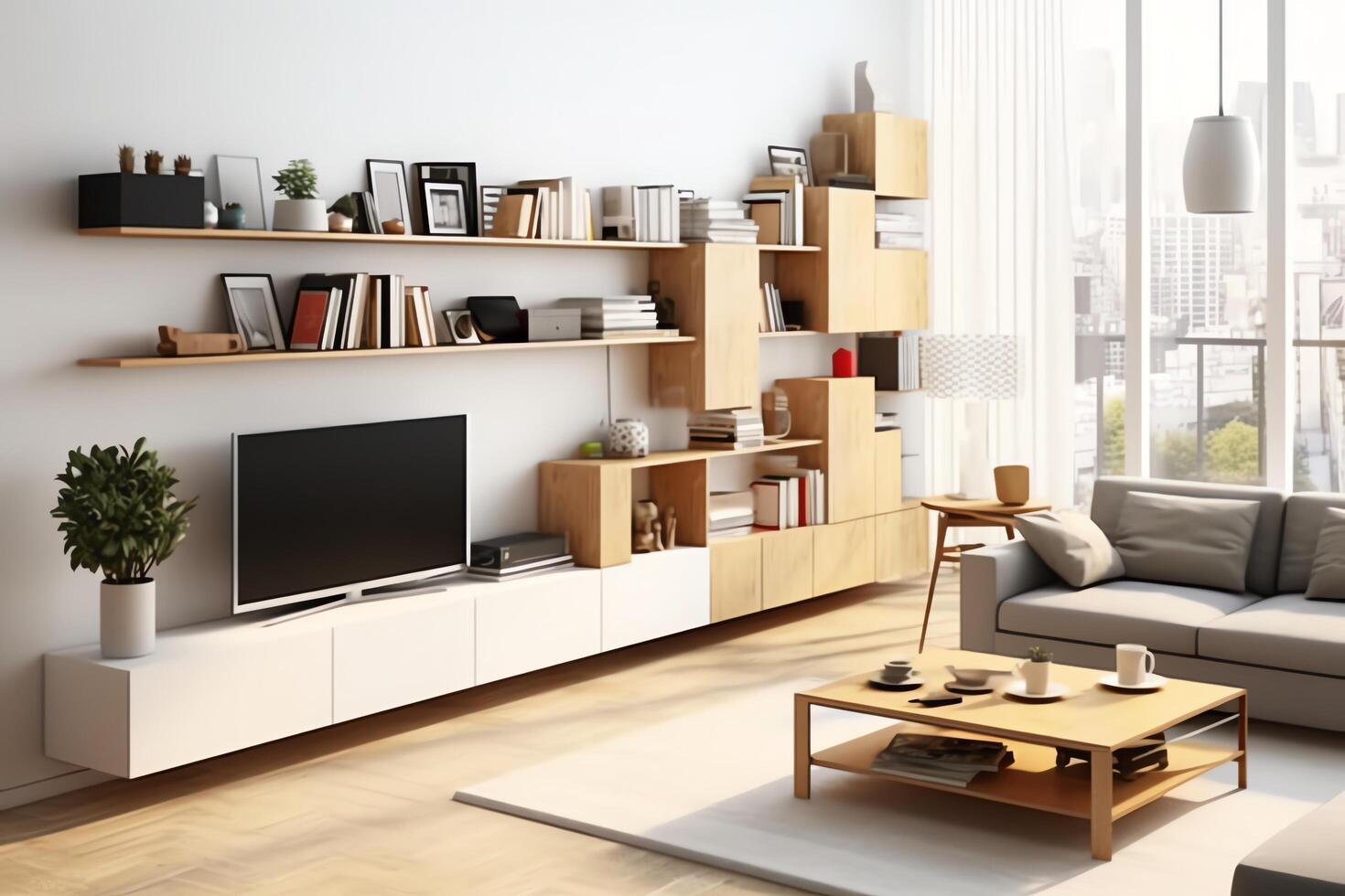 modern Wohnung Innere im Leben oder Schlafzimmer Design mit Arbeiten Tisch, Möbel, und Bücherregal. Luxus Zuhause skandinavisch Konzept durch ai generiert foto