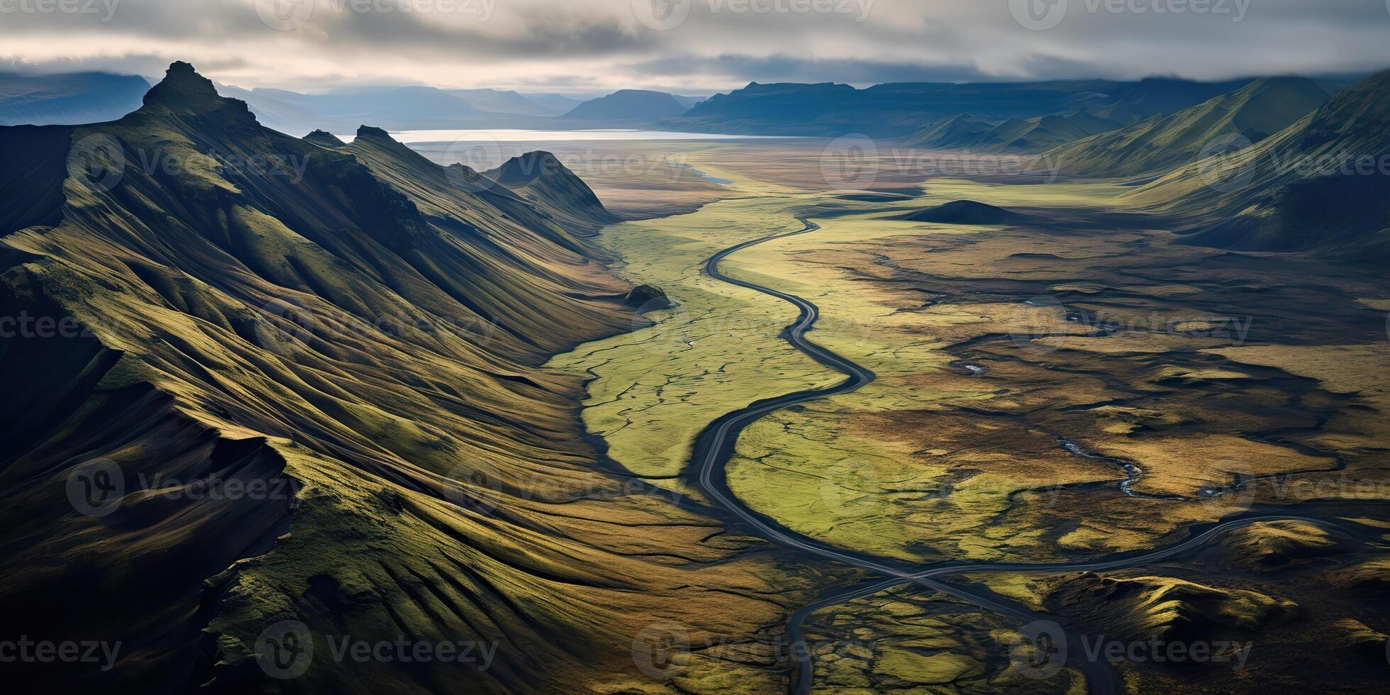 ai generiert. ai generativ. Natur draussen Landschaft wild Schönheit Berg Fluss Feld Drohne Luft Foto Illustration. Abenteuer Reise Ferien Stimmung. Grafik Kunst