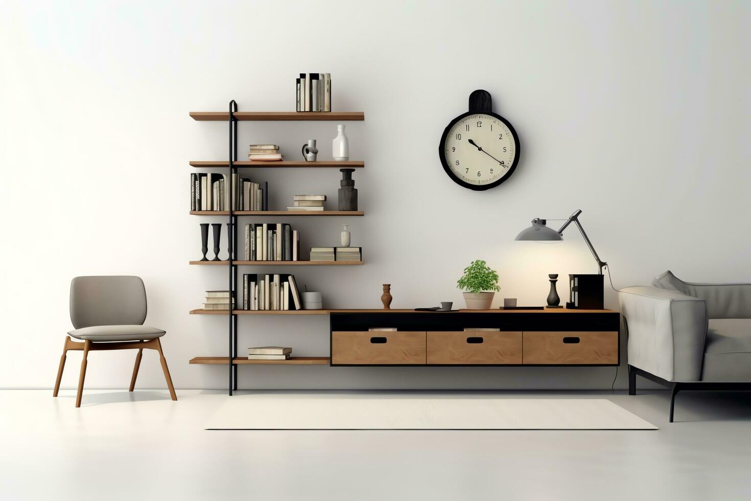 modern Wohnung Innere im Leben oder Schlafzimmer Design mit Arbeiten Tisch, Möbel, und Bücherregal. Luxus Zuhause skandinavisch Konzept durch ai generiert foto