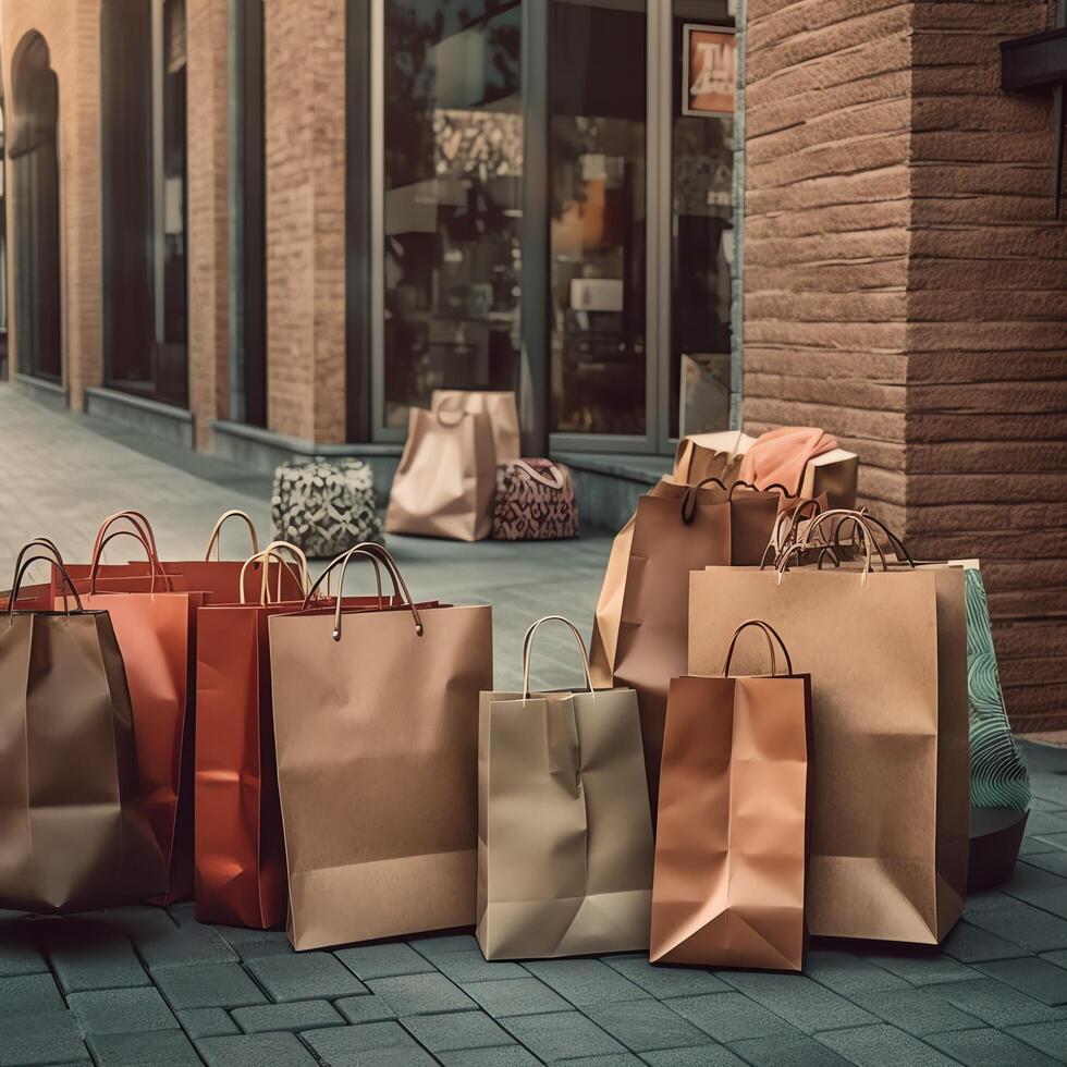 ein einstellen von bunt Einkaufen Taschen mit Griffe. Papier Einkaufen Taschen schließen hoch. Einkaufen Tage Konzept durch ai generiert foto