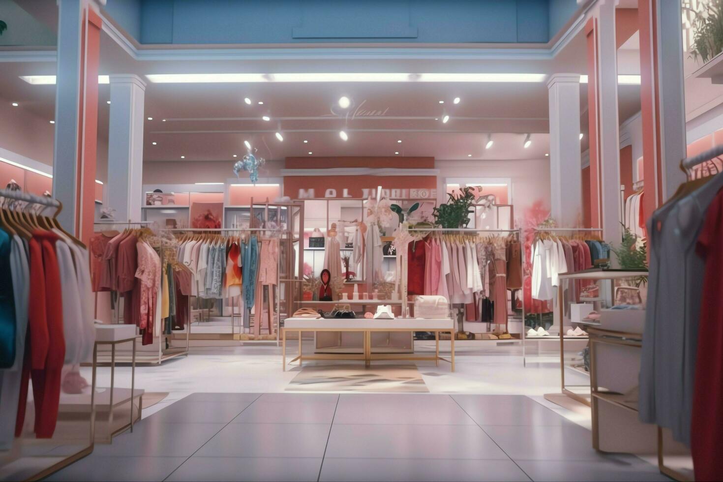 Damen Mode Geschäft im das Einkaufen Center oder Einkaufszentrum. Kleider Geschäft mit Mannequin. Einkaufen Tag Konzept durch ai generiert foto