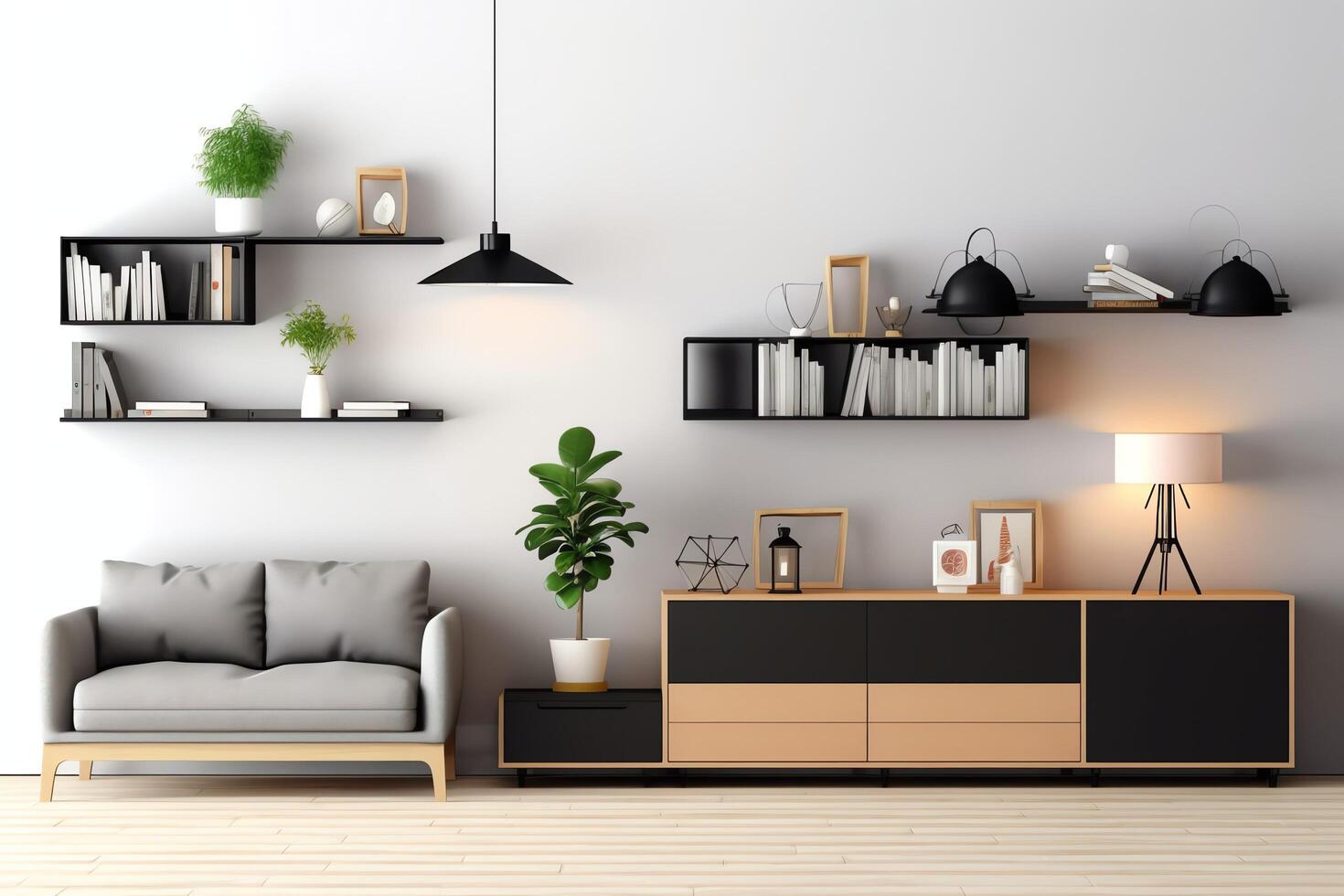 modern Wohnung Innere im Leben oder Schlafzimmer Design mit Arbeiten Tisch, Möbel, und Bücherregal. Luxus Zuhause skandinavisch Konzept durch ai generiert foto