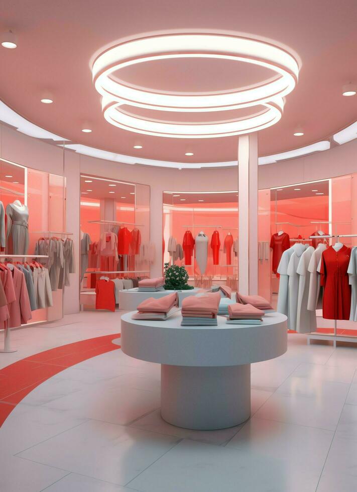 Damen Mode Geschäft im das Einkaufen Center oder Einkaufszentrum. Kleider Geschäft mit Mannequin. Einkaufen Tag Konzept durch ai generiert foto
