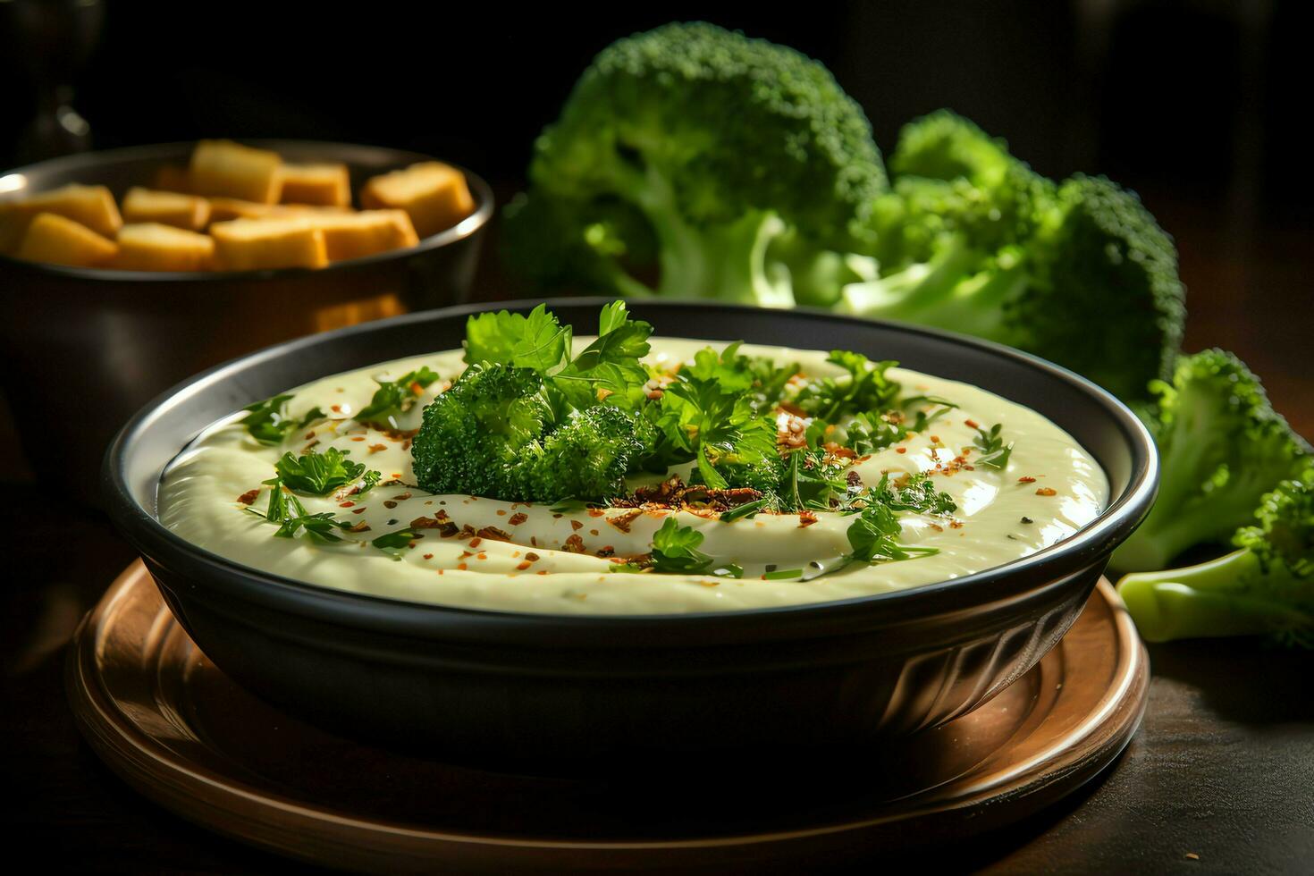 ein köstlich Gemüse Suppe Essen im ein Schüssel. Winter Essen und hoch Protein Suppe Mahlzeit Konzept durch ai generiert foto