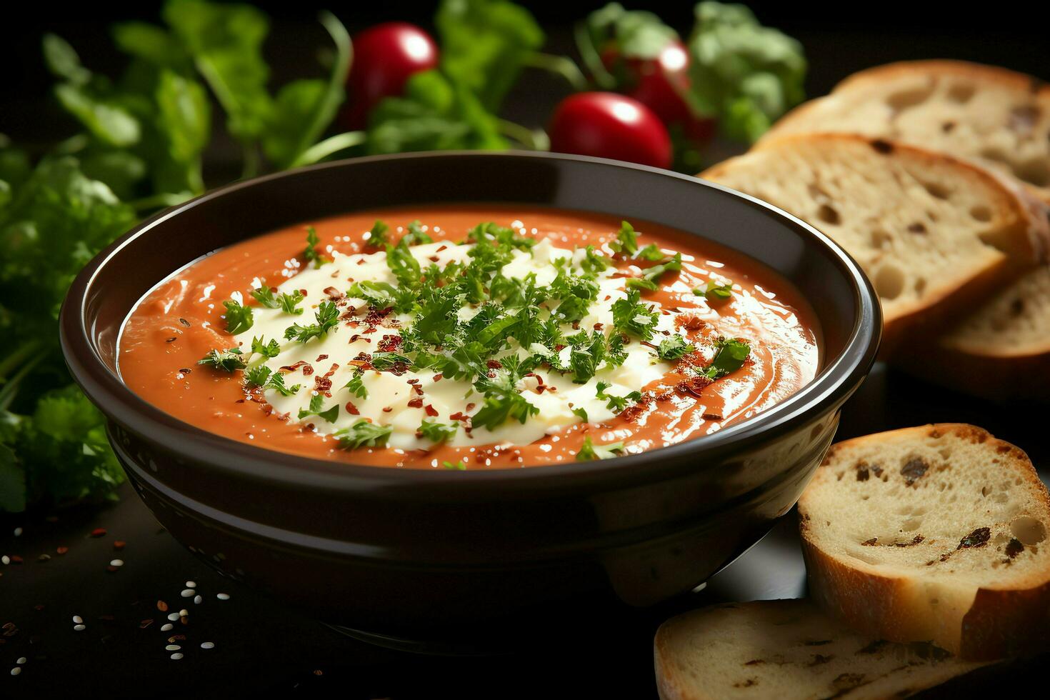 ein köstlich Tomate Suppe Essen im ein Schüssel. Winter Essen und gesund Protein Suppe Mahlzeit Konzept durch ai generiert foto