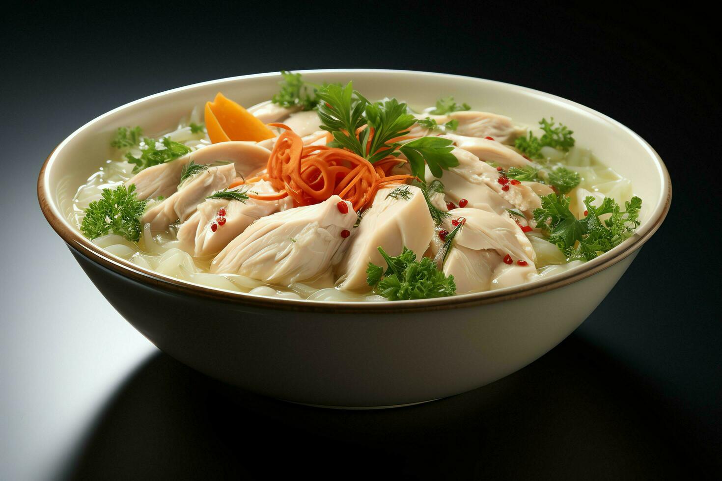 ein köstlich Hähnchen Suppe Essen mit Gemüse im ein Schüssel. Winter Essen und hoch Protein Suppe Mahlzeit Konzept durch ai generiert foto