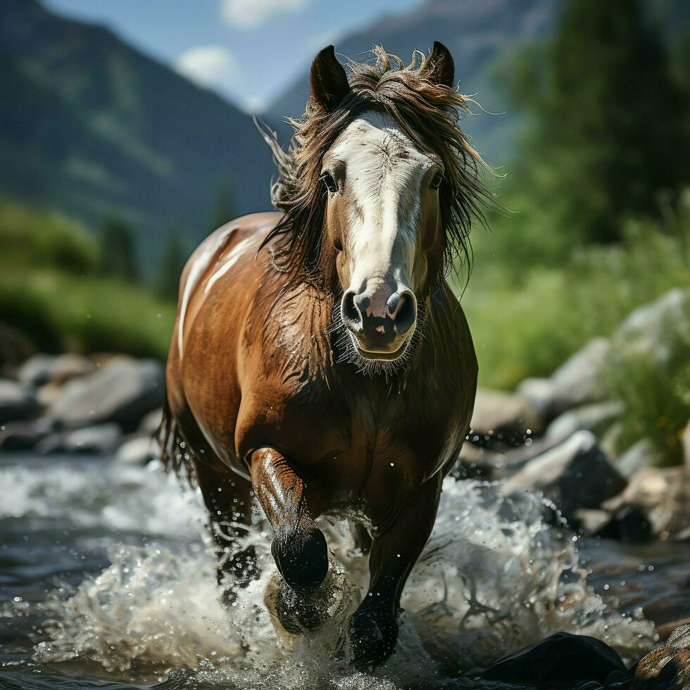 ein wild Pferd Laufen im das Bach. wild oder Bauernhof Tiere Konzept durch ai generiert foto