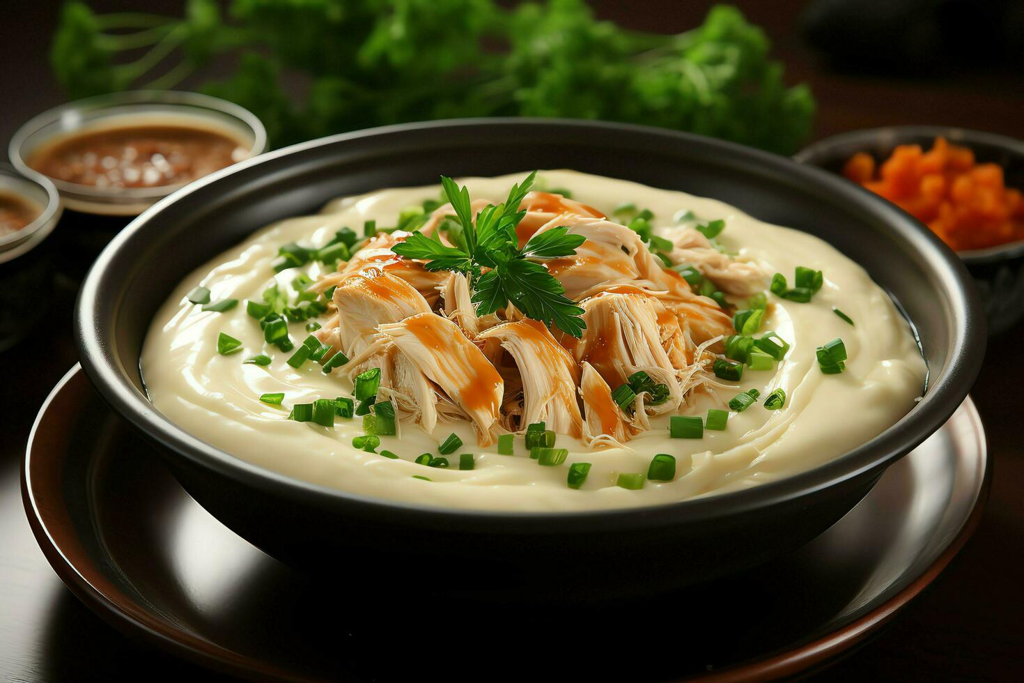 ein köstlich Hähnchen Suppe Essen mit Gemüse im ein Schüssel. Winter Essen und hoch Protein Suppe Mahlzeit Konzept durch ai generiert foto