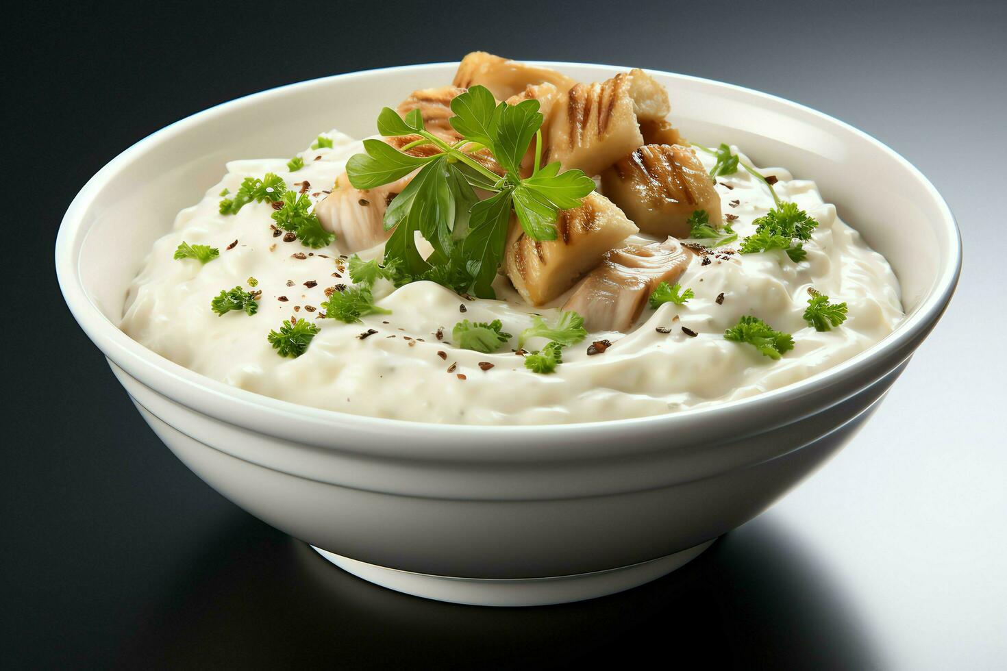 ein köstlich Hähnchen Suppe Essen mit Gemüse im ein Schüssel. Winter Essen und hoch Protein Suppe Mahlzeit Konzept durch ai generiert foto