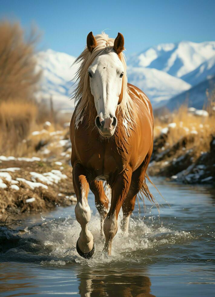 ein wild Pferd Laufen im das Bach. wild oder Bauernhof Tiere Konzept durch ai generiert foto