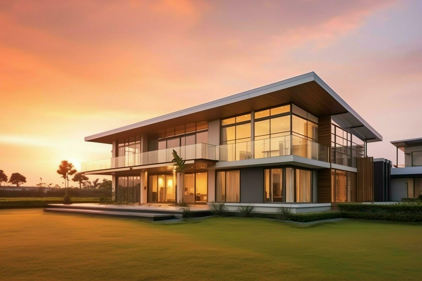 schön modern Haus Außen mit Gras. Feld modern Wohn Kreis und minimalistisch Gebäude Konzept durch ai generiert foto