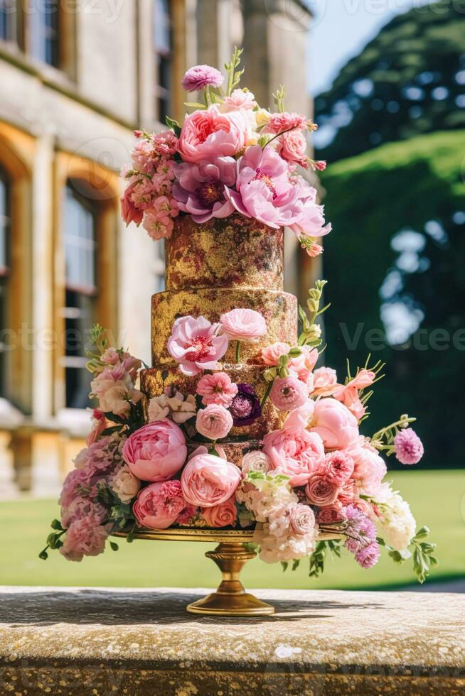 Land Hochzeit, Garten und Blumen- Dekor, schön luxuriös Rosa Blumen Dekoration im Land Stil, generativ ai foto