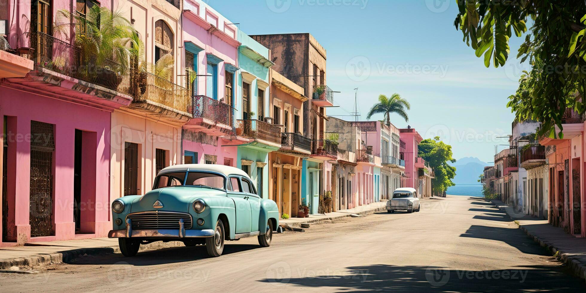 ai generiert. ai generativ. klassisch Jahrgang retro Rosa Cadillac beim Kuba Latein tropisch exotisch Landschaft. Abenteuer Ferien Caribiam Palme Bäume sonnig Straße Stimmung. Grafik Kunst foto
