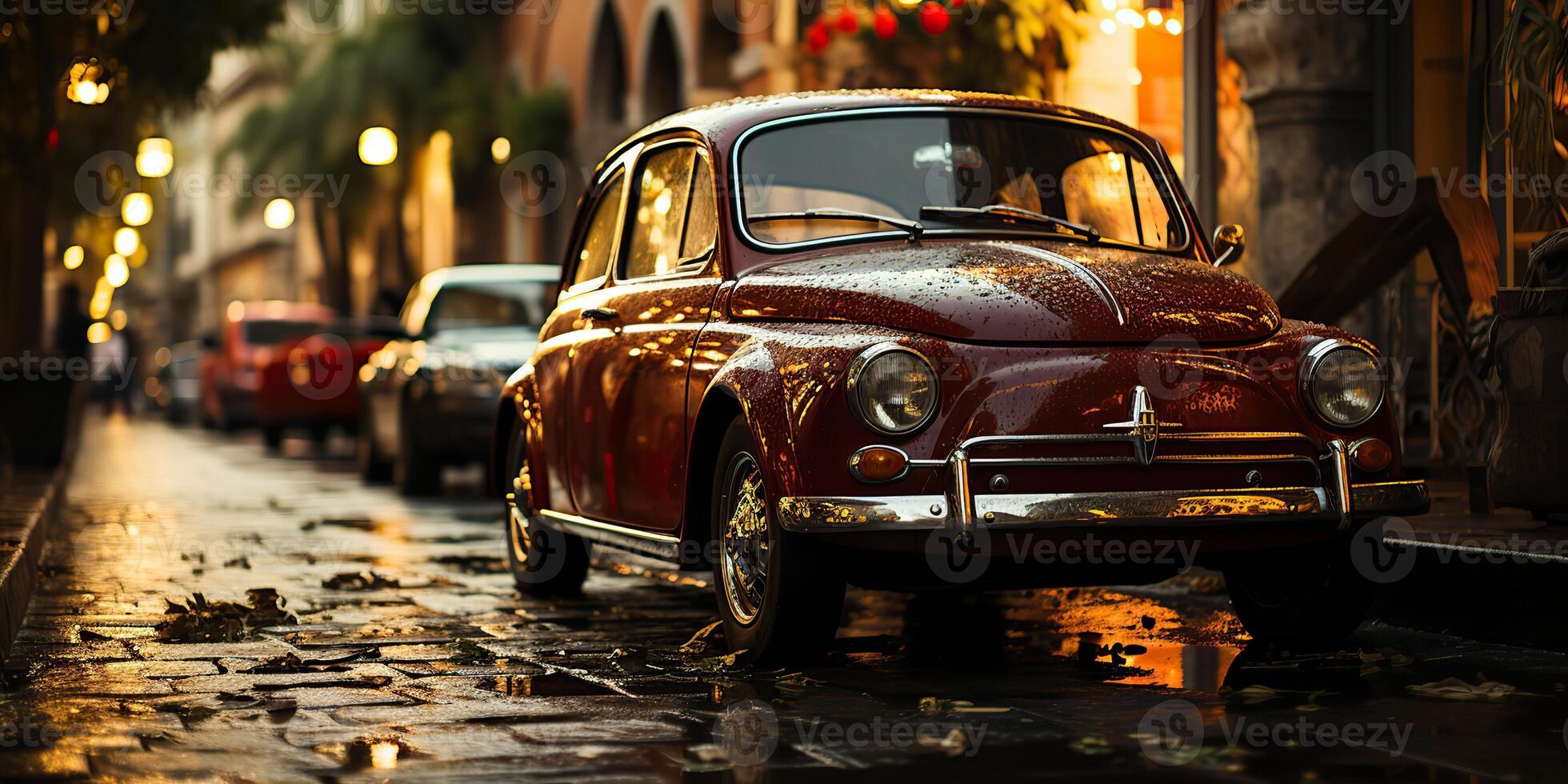 ai generiert. ai generativ. klassisch retro Jahrgang Nostalgie Auto Fiat 500 auf klein Italien Abend Straße Stadt. Grafik Kunst foto