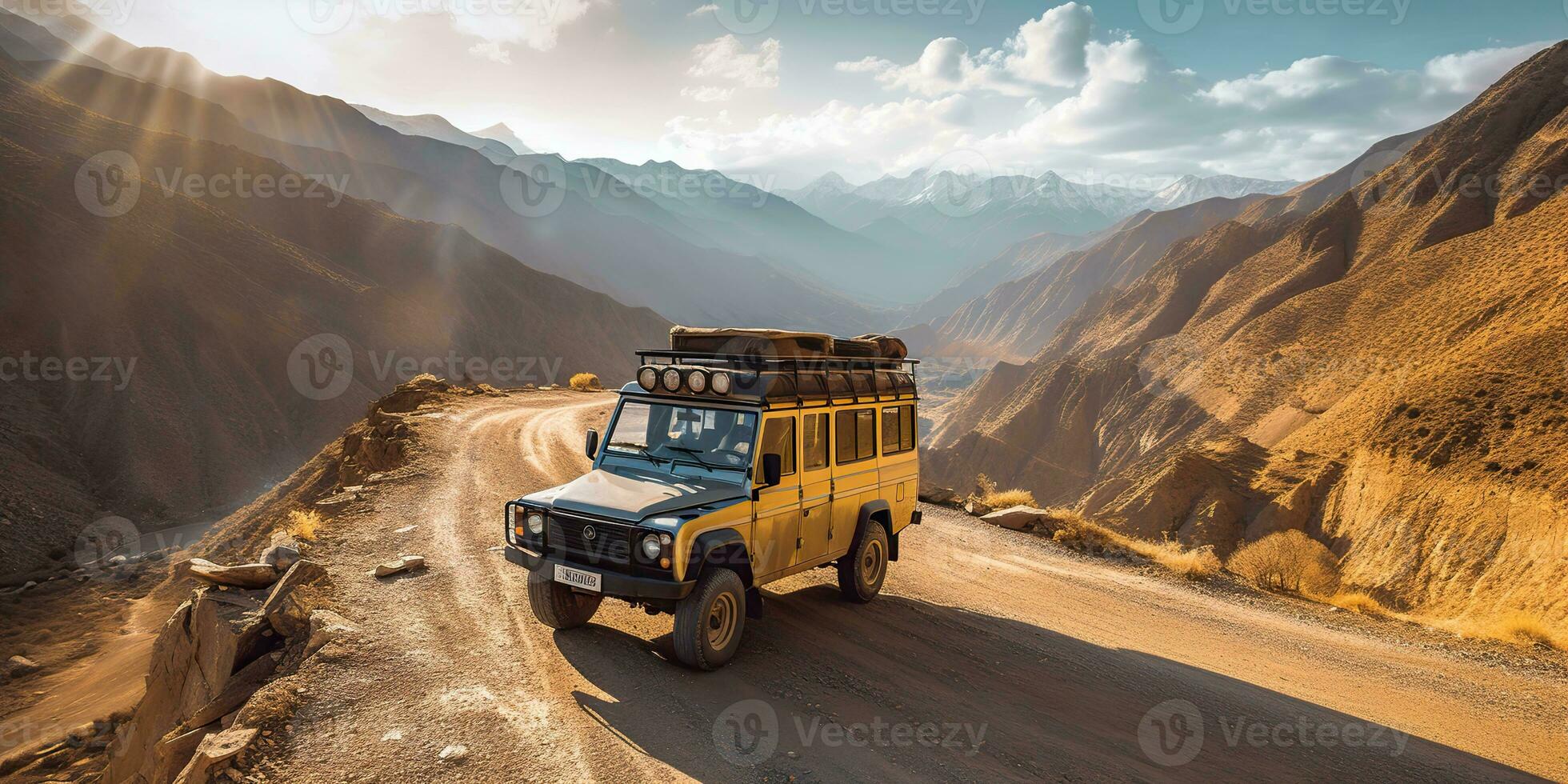 ai generiert. ai generativ. Auto Jeep Fahrzeug im Wüste Sand Landschaft. Straße Abenteuer Ausflug Reise Urlaub. Grafik Kunst foto