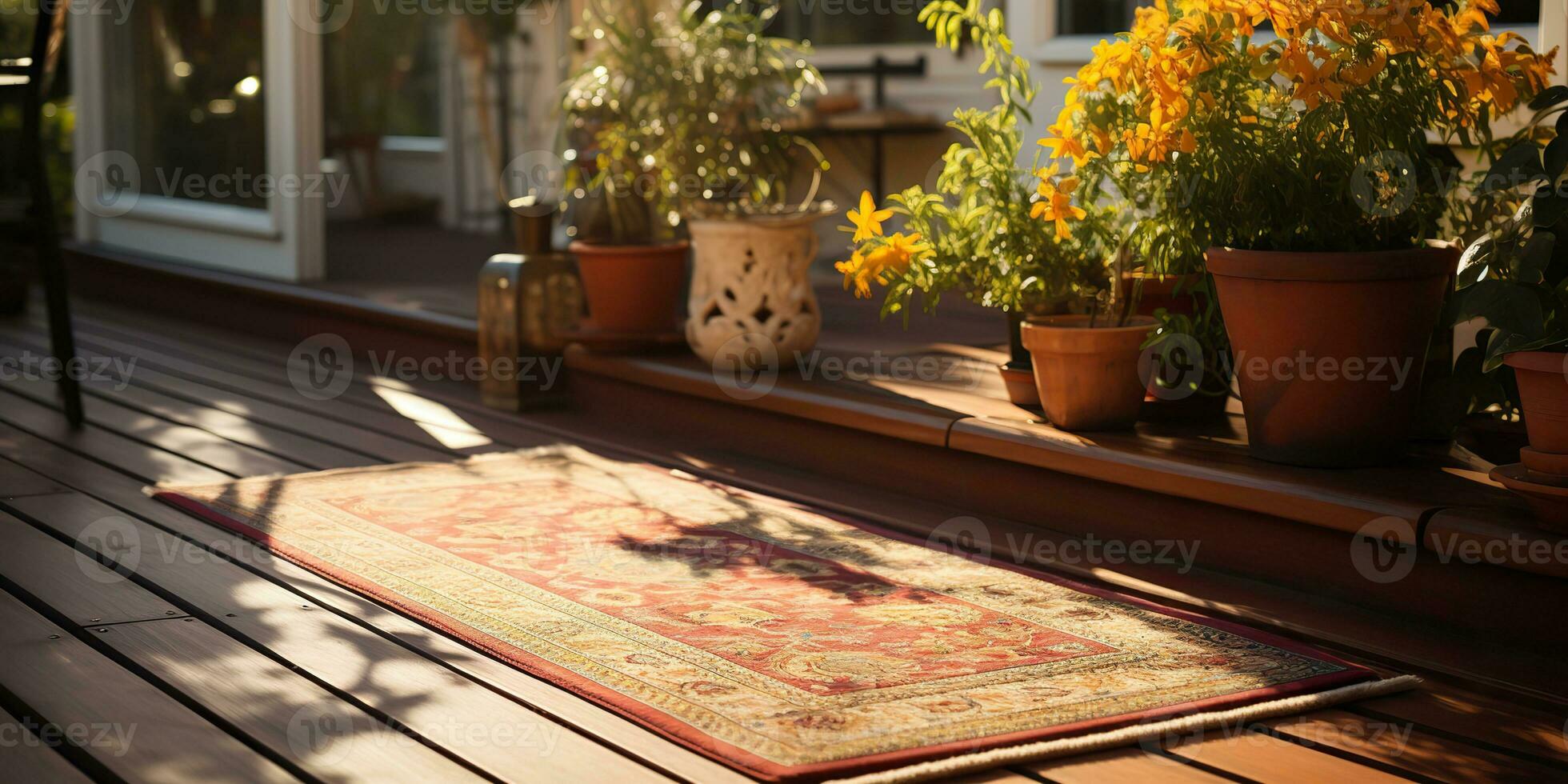 ai generiert. ai generativ. Haus draussen Natur Terrasse Garten mit Fußabtreter Tabelle Stuhl und Pflanzen. gemütlich Zuhause die Architektur entspannen Stimmung. Grafik Kunst foto