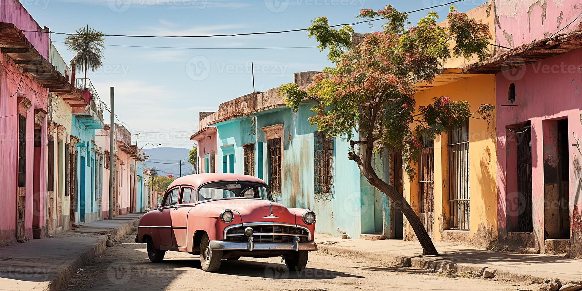 ai generiert. ai generativ. klassisch Jahrgang retro Rosa Cadillac beim Kuba Latein tropisch exotisch Landschaft. Abenteuer Ferien Caribiam Palme Bäume sonnig Straße Stimmung. Grafik Kunst foto