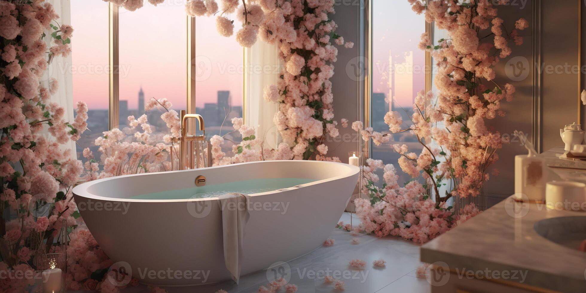 ai generiert. ai generativ. Schönheit Luxus schick elegant Badezimmer Spa realx Ausruhen Hotel Ferien weiblich Zimmer. viele Blumen und Ruhe romantisch Stimmung. Grafik Kunst foto