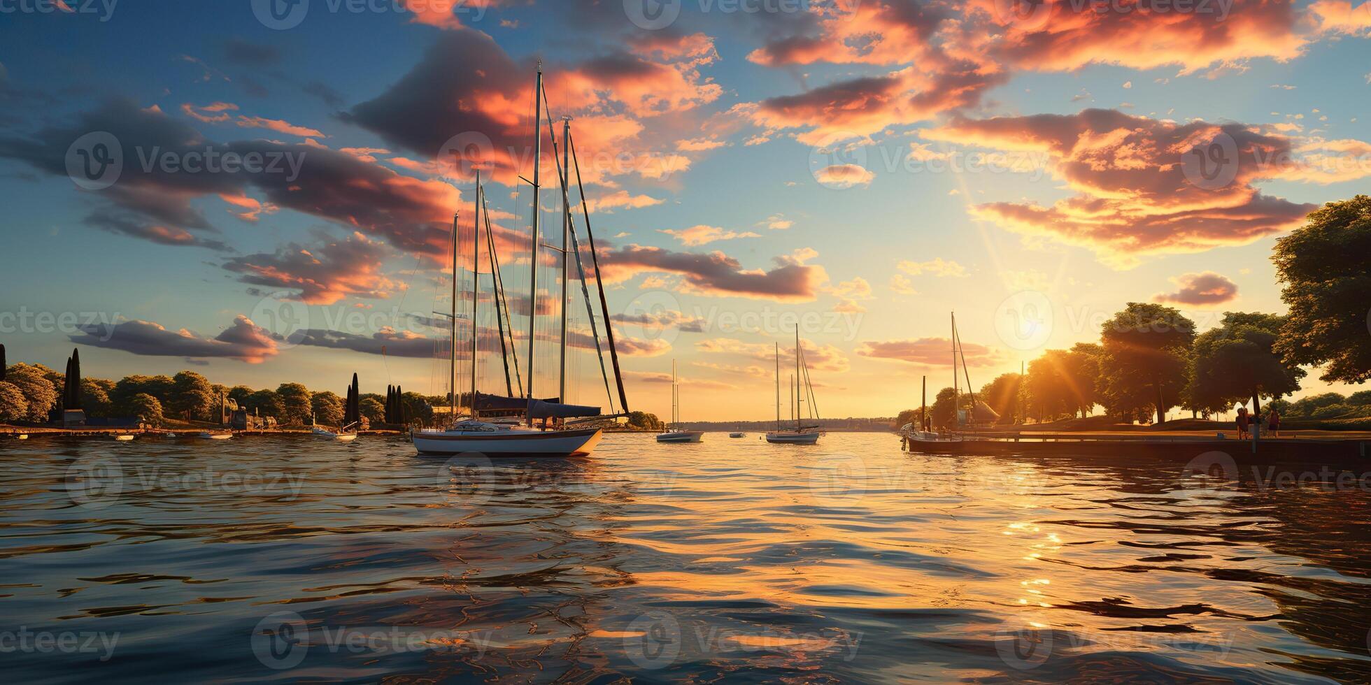 ai generiert. ai generativ. Natur draussen Landschaft von Yacht Marine Boot Schiff beim Dock Hafen Hafen. Ferien entspannen Landschaft Hintergrund Stimmung. Grafik Kunst foto