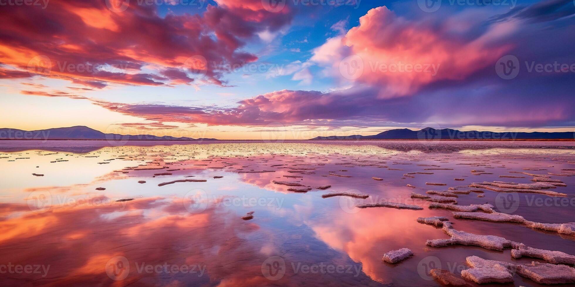 ai generiert. ai generativ. Bolivien Salz- See. Rosa Wolken reflektieren auf Wasser See Oberfläche. Abenteuer Reise Ferien draussen Natur Stimmung. Grafik Kunst foto