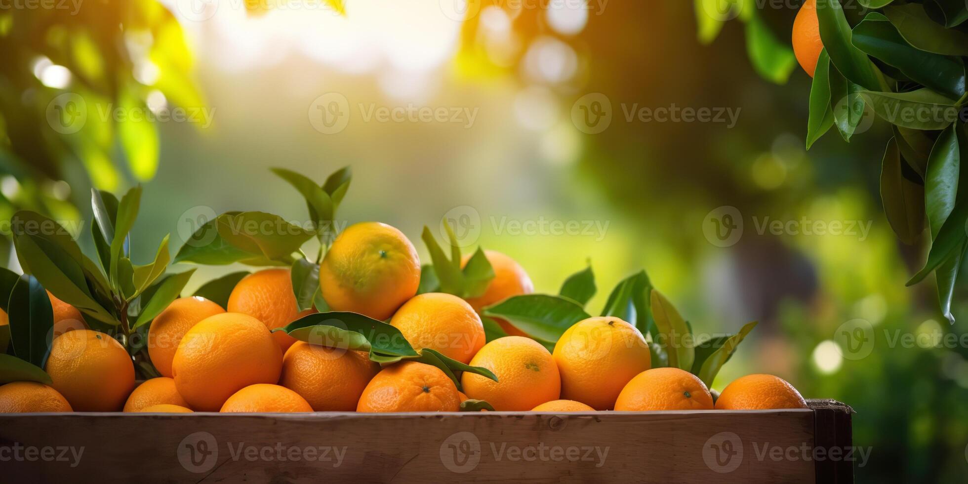 ai generiert. ai generativ. Holz Box von frisch Orangen. Bauernhof Ernte Öko Natur organisch Obst Gesundheit Produkt. Grafik Kunst foto