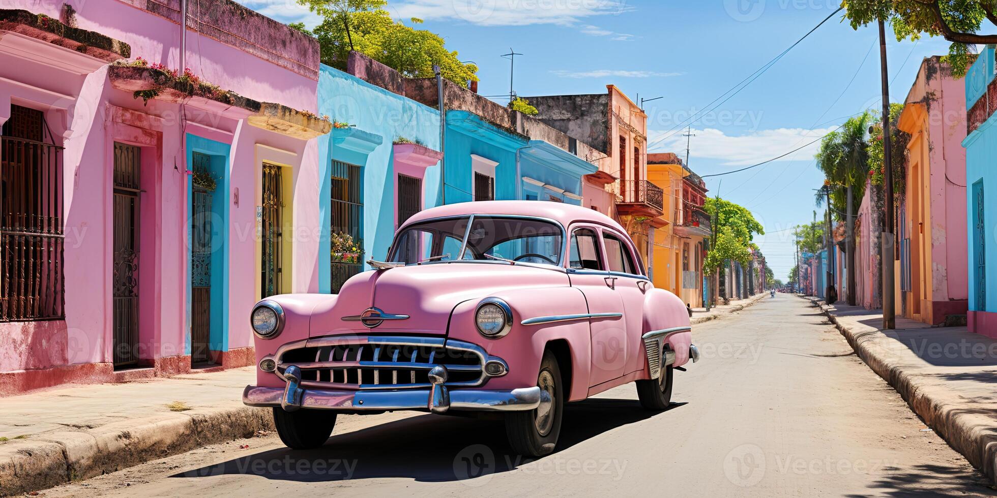 ai generiert. ai generativ. klassisch Jahrgang retro Rosa Cadillac beim Kuba Latein tropisch exotisch Landschaft. Abenteuer Ferien Caribiam Palme Bäume sonnig Straße Stimmung. Grafik Kunst foto