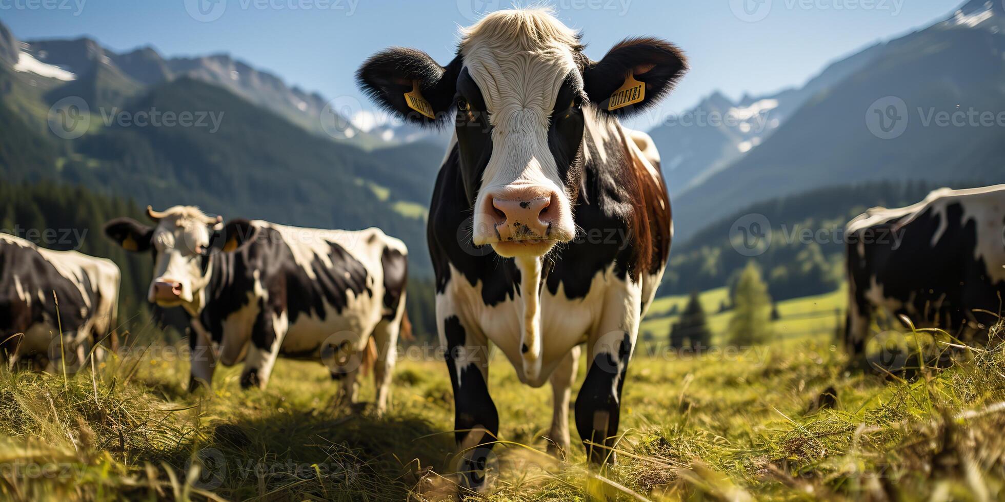 ai generiert. ai generativ. Kuh Tier Gesicht frontal komisch Porträt beim Grün Feld Bauernhof. Landschaft Landwirtschaft Natur draussen Dorf Leben Stil. Grafik Kunst foto