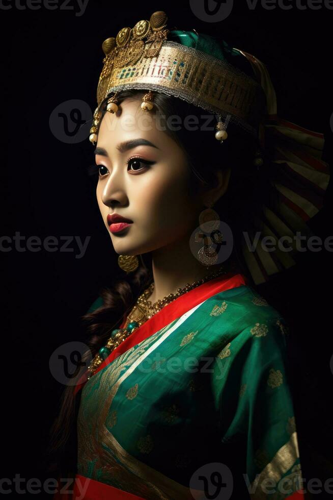 elegant asiatisch Frau tragen traditionell Kopfbedeckung foto