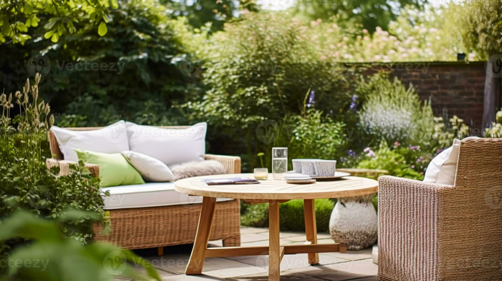 Garten Salon, draussen Möbel und Landschaft Haus Terrasse Dekor im ein Land Hütte Stil, generativ ai foto