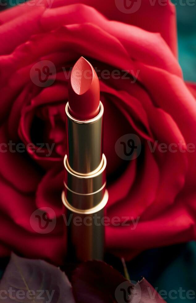 rot Lippenstift im ein golden Tube und Blühen Rose Blume, Schönheit kosmetisch und bilden Produkt, generativ ai foto