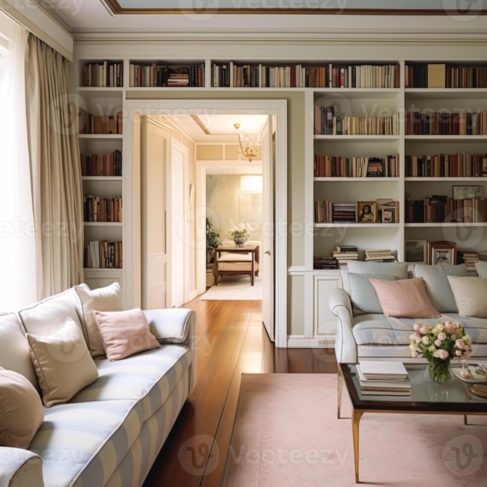 Zuhause Bibliothek Dekor, Sitzung Zimmer und Innere Design, Weiß Leben Zimmer mit Sofa, Bücherregal und Bücherregale im Englisch Land Haus und elegant Hütte Stil, generativ ai foto