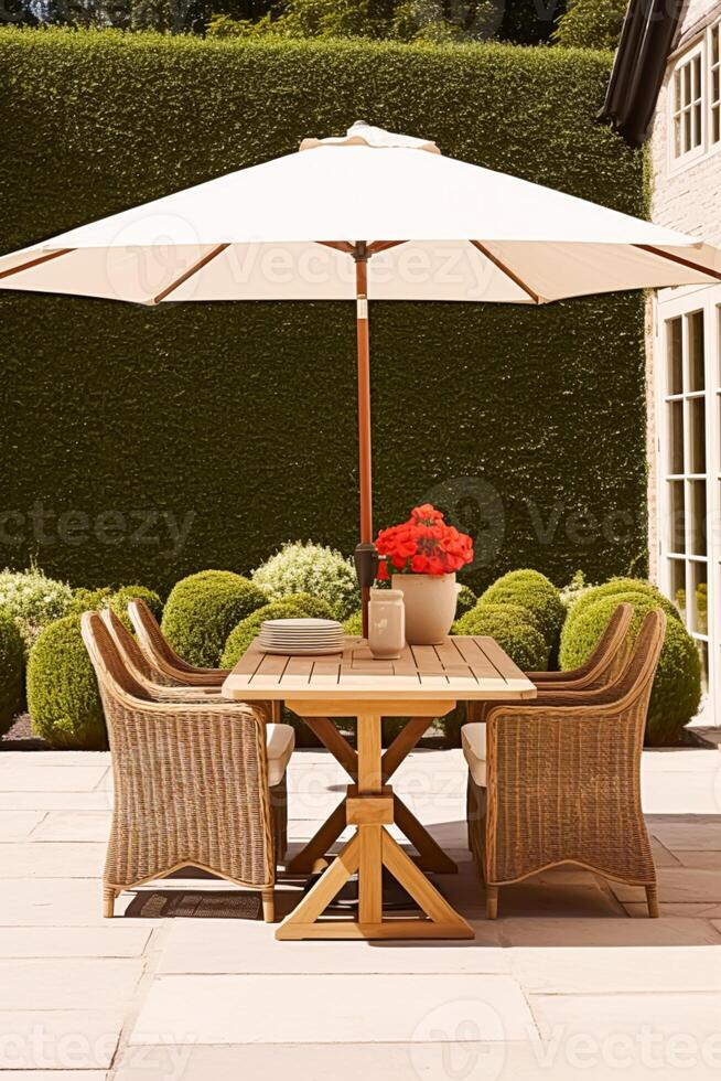 modern Hütte Garten Möbel, draussen Dekor und Landschaft Haus Terrasse Terrasse Stühle und Tabelle mit Regenschirm, Land Stil, generativ ai foto