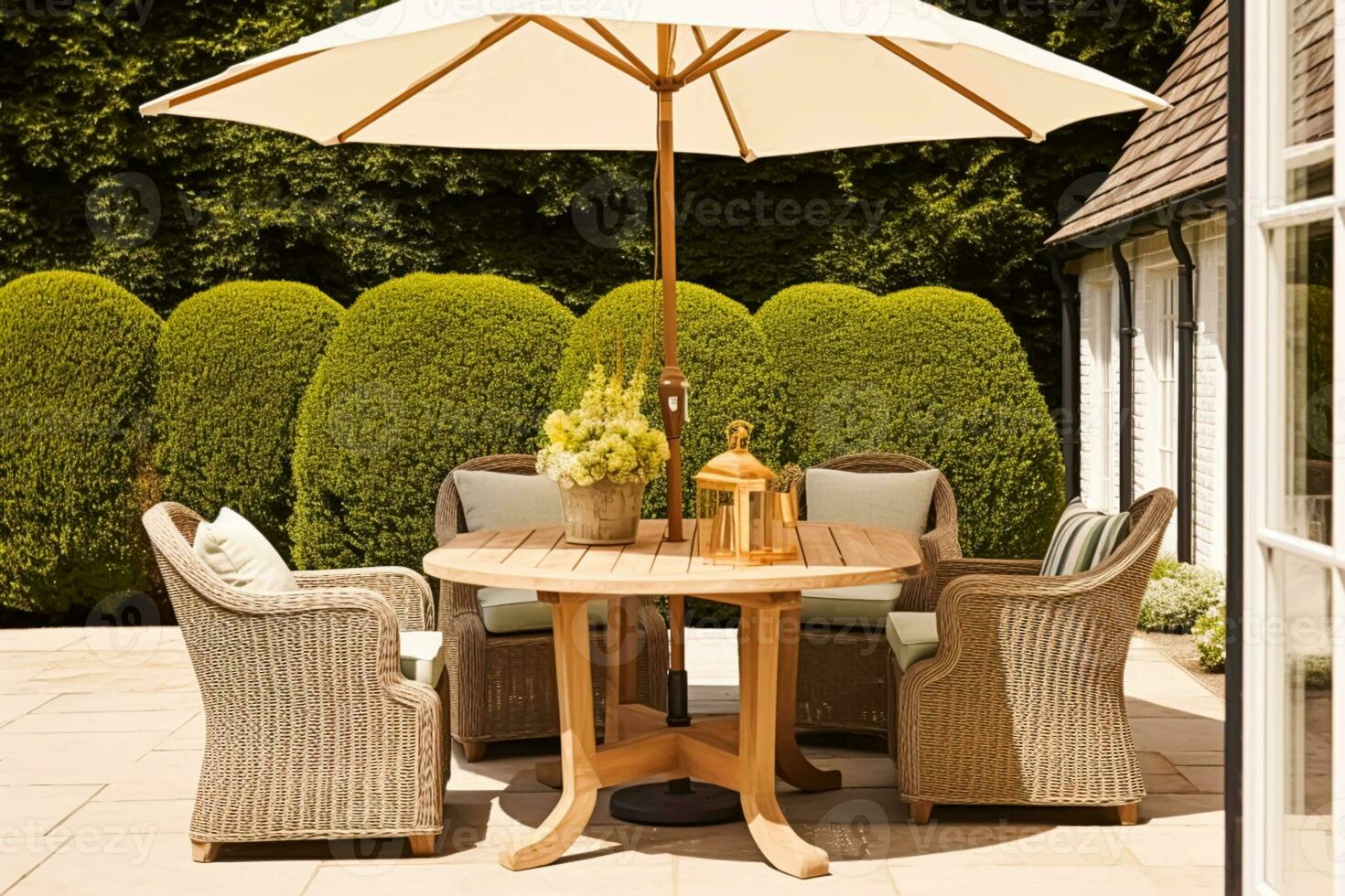 modern Hütte Garten Möbel, draussen Dekor und Landschaft Haus Terrasse Terrasse Stühle und Tabelle mit Regenschirm, Land Stil, generativ ai foto