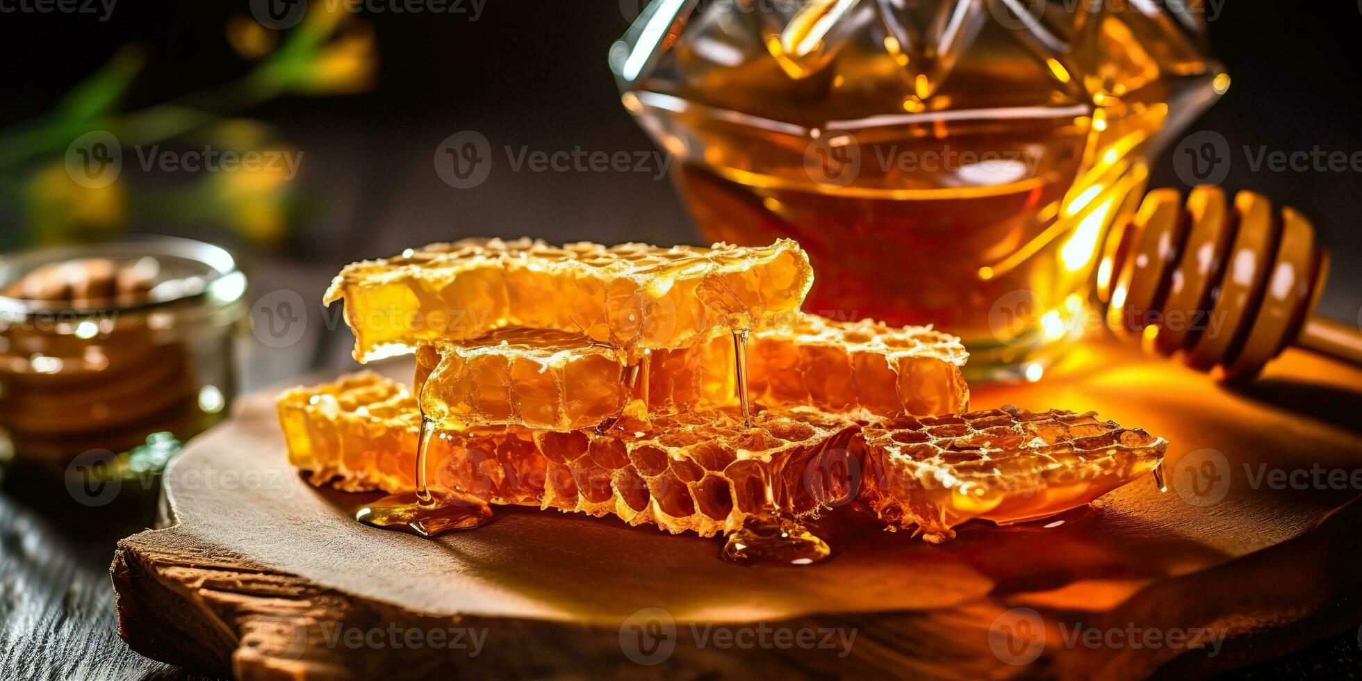ai generiert. ai generativ. Honig Bienenwabe Wüste mit hölzern Stock und Glas. gesund Zucker Wüste. Grafik Kunst foto